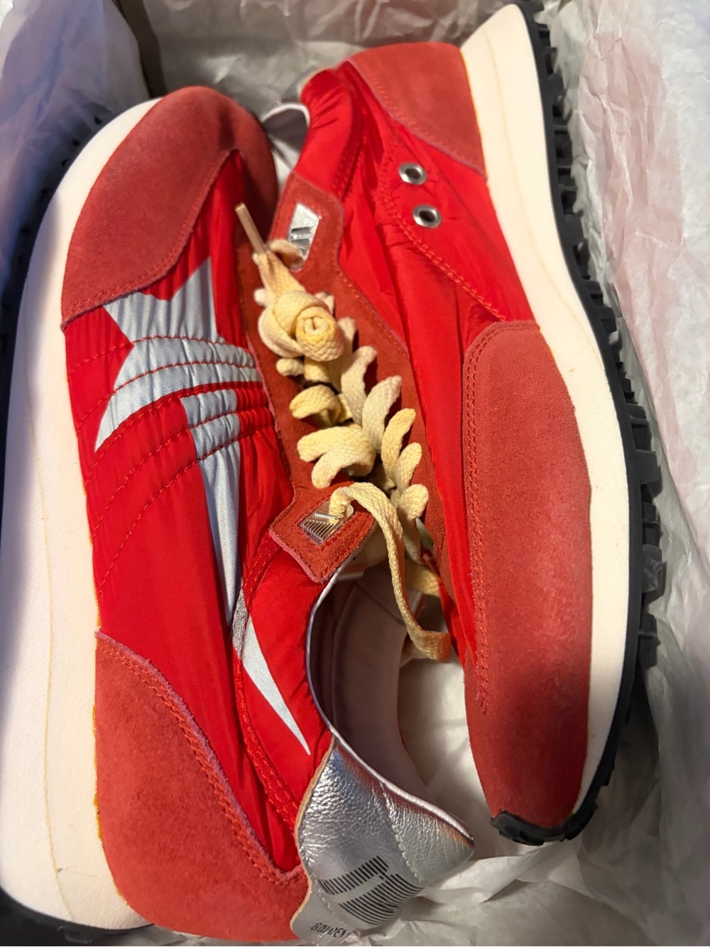 Golden Goose Red Suede & Nylon Runner with Silver Heel Tab